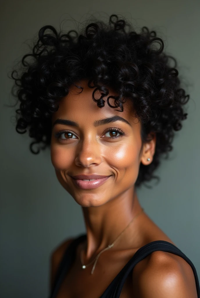  40-year-old woman. Black and short curly and curly hair. 