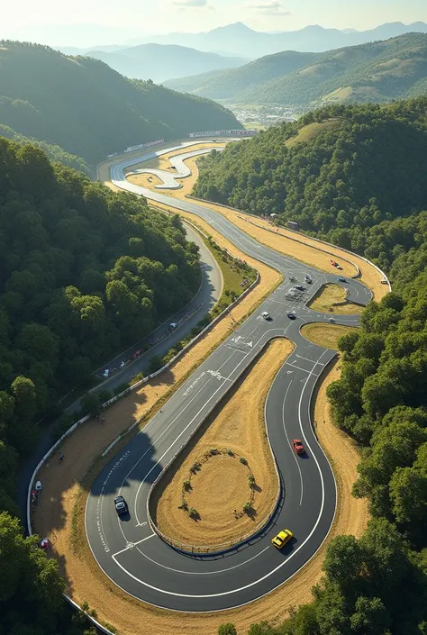  the layout of a classic car circuit of about 3 kilometers, in technical drawing and aerial view,  to reproduce in reality 