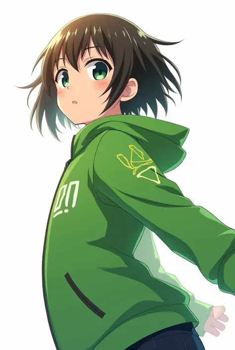 Anime animation of a  wearing a green jacket on a white background