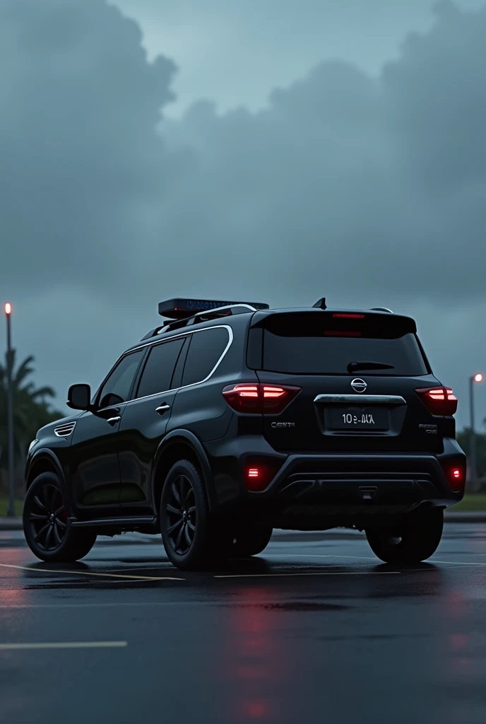 A black Nissan Patrol 2022 car with black windows parked on the spot, with beacon lights on top of the car, one of the lights on and one off, and the weather in the evening being cloudy, and the license plate number 10-AA-