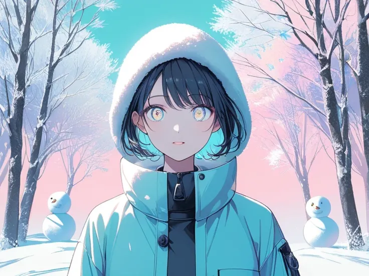 ((Halftone, front lighting, vivid color)),
Pastel color,
((Highly detailed beautiful woman, detailed facial expression, detailed eyes, full body)),
Short hair,
(Pale color, pastel color),
Background is winter landscape, snowman, frost-covered trees,