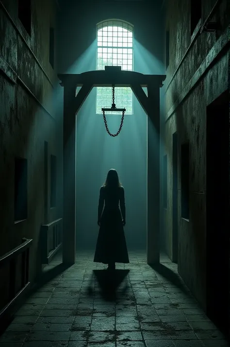 "A haunting, dimly lit execution chamber inside a historic jail, with an old wooden gallows and a sense of impending doom. The atmosphere is tense, with the shadow of a woman’s figure hanging ominously in the background."
