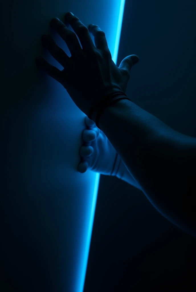 black background, male arm coming out to the side, super close up, blue LEDs, black outline, dark,