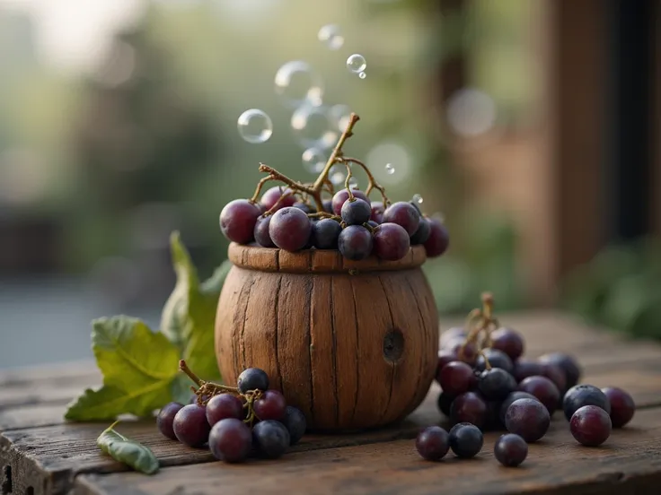  create a wooden jar with dark grapes inside. Soap bubbles are falling on the jar . Fuzzy background image . realistic image.