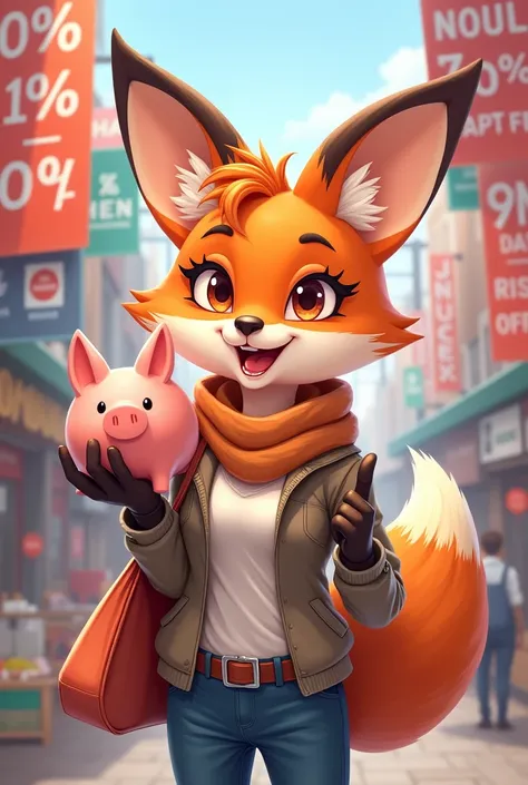  female bargain fox with piggy bank in hand and thumbs up. In the background are discounts ,  sale and bargains for shen 