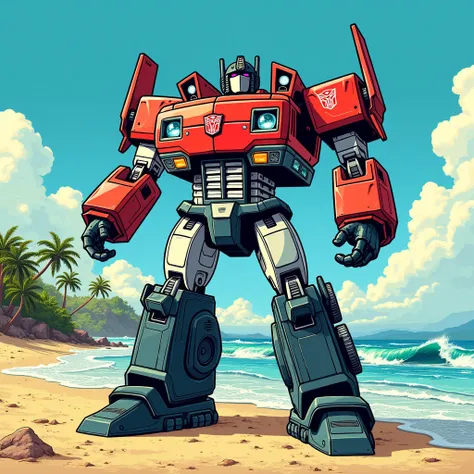 first plane of A car transformer in the style of 1980s comic books, standing dramatically on a sunny beach. The art is colorful, inspired by the vibrant reto comic book style of 1980s Marvel. The transformer has a retro robotic design with angular shapes a...