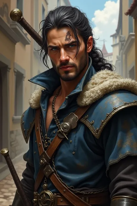 A French man ,  with black hair and a braid with his eyes are blue and rounded,  on his face on the right side he has a scar .  he is a swordsman ,  has medieval clothing 