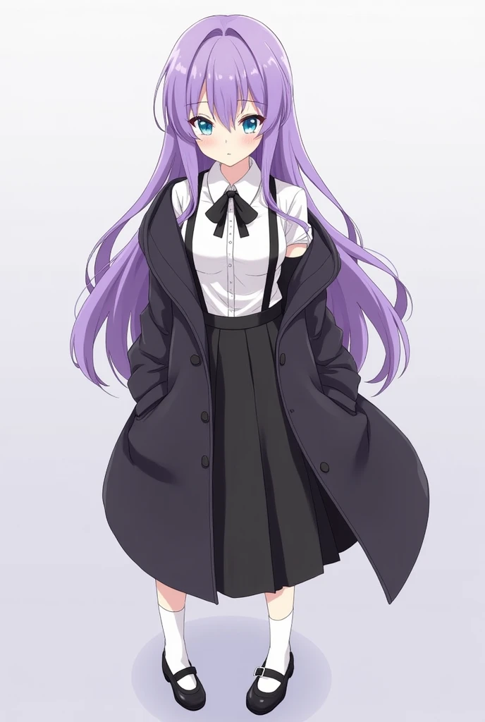 A girl, anime, long hair, pretty blue eyes, purple hair, pretty hair color, fair skin, pretty, white shirt, black bow tie around neck, not-so-ish aesthetic, bungou stray dogs, black skirt, black mary jane, white socks, leg warmers, adult, double-strap skir...