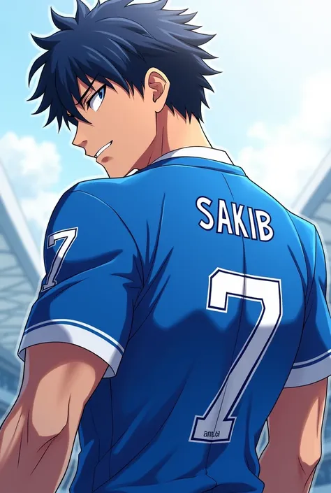 Give me a image of isaki with blue lock jersy this name in his jersy the name is sakib anime character in blue lock
