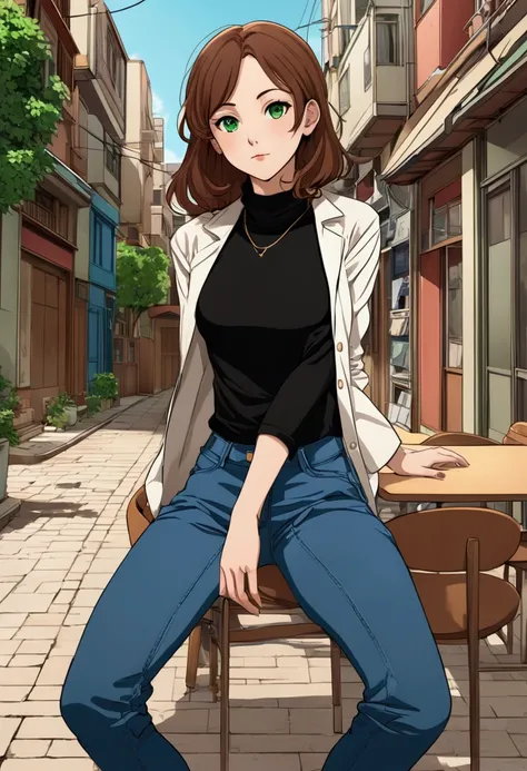  A female anime character in a black long-sleeved shirt and blue jeans, 短 brown hair , Neck length ,  green eyes,  digital painting inspired by Tomer Hanuka , PIXIV TRENDS , Serial Art, Large pose close-up , Full body details,  Wearing casual clothes, Styl...