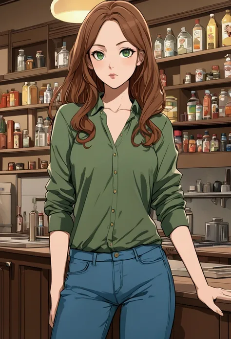  A female anime character in a black long-sleeved shirt and blue jeans, 短 brown hair , Neck length ,  green eyes,  digital painting inspired by Tomer Hanuka , PIXIV TRENDS , Serial Art, Large pose close-up , Full body details,  Wearing casual clothes, Styl...