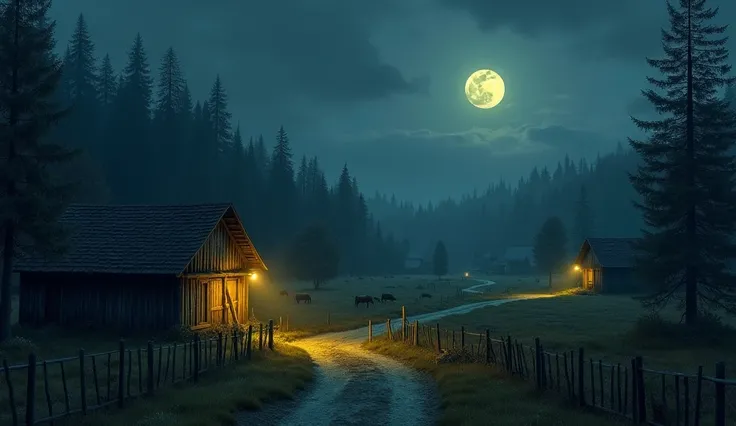 A village of old houses with old wooden fences on the farm surrounded by many woods on a full moon night, with yellow lights on a dirt road and some animals in the field with a dark air .