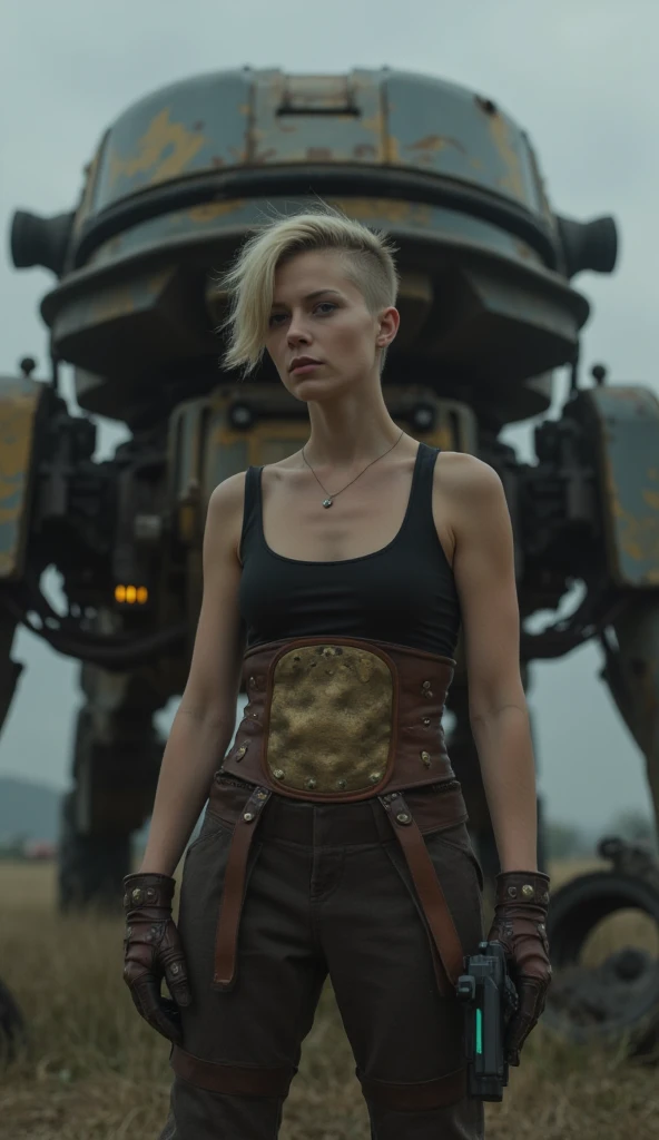 Shot from the front and below, in the photographic style of Roger Deakins. Alone in a dark field littered with broken diesel-punk machines, A very thin adult female nordic woman with medium sized breasts and spikey, asymmetrical pixie-cut blonde hair shave...