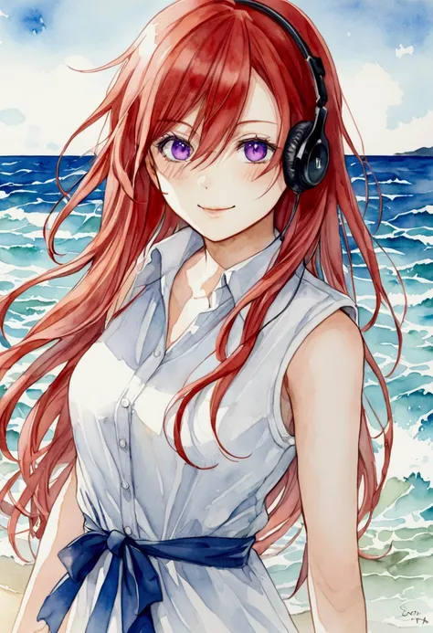 UTA (sea贼王), Ichiro Sou Aiichiro ,, , 1 Girl, :d, 刘sea, Blue Ribbon, diamond-shaped pupils, diamond (shape), hair between eyes, earphone, Long hair, multicoloRedhead, Open your mouth,  purple eyes , Redhead, ribbon, shirt, signature, sleeveless, sleeveless...