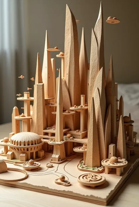 

“Close-up of a futuristic city model on a 50x50 cm base, entirely crafted from wood. Elegant wooden skyscrapers with intricate patterns are connected by curved, smooth wooden bridges and skywalks. Streets are defined by polished wooden pathways, and smal...