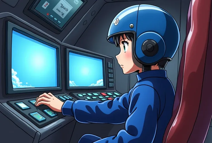 Create a scene inside the cockpit of a combining robot, with a single  boy seated in the pilot seat, controlling the robot. The boy wears a blue sentai hero-style pilot suit and a helmet. He has a serious expression, fully focused on piloting the robot, an...