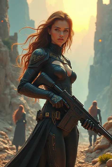 Realistic, Cinematic photo, create the character in an imaginative, surreal environment that feel artistic and out-of-the-box. Setting:   adorned with glowing runes. Freya Starfire a brunette works as a bounty hunter she is wearing futuristic armor corset ...