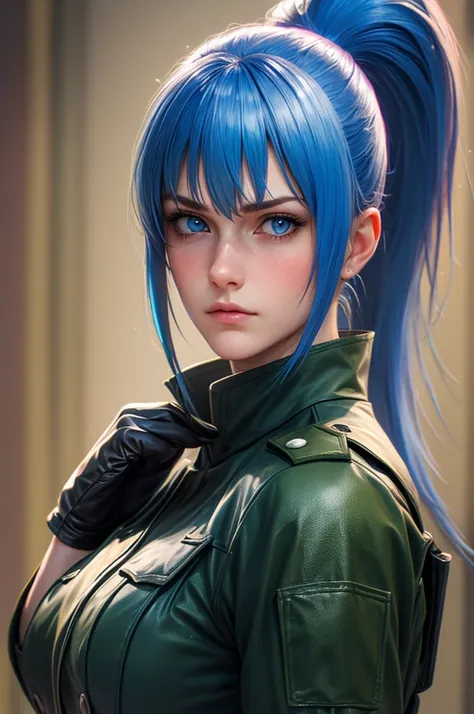 (Best image quality, highest quality, Highest Resolution, Ultra-Realistic Images, Very detailed, masterpiece, 8k), One Woman, ponytail BLUE hair, BLUE eyes, Green military uniform, Leather gloves, big Breasts, blush, serious look, Browsing Caution, half bo...