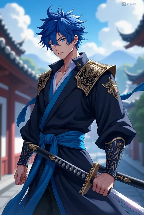 create in anime style a young man with blue hair and he uses a sword, somewhat strong physical build, he wears it with a samurai style outfit, This outfit has a predominantly black color with some blue details. he only uses a sword, he has a blue magic mar...