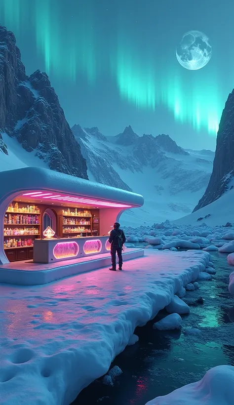 alien space shop in icy glacier, aurora borealis over the glacier, futuristic architecture, neon lighting, cyborg shopkeeper, advanced alien technology, glowing crystals, frozen tundra landscape, snowy mountains, detailed lighting effects, cinematic compos...