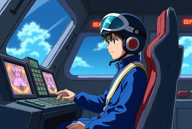 Create a scene inside the cockpit of a combining robot, with a single  boy seated in the pilot seat, controlling the robot. The boy wears a blue sentai hero-style pilot suit and a helmet. He has a serious expression, fully focused on piloting the robot, an...