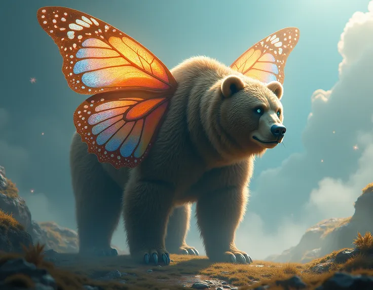 Ethereal Bear-Butterfly Fusion: A massive creature with delicate wings that glow iridescent, a powerful body, and eyes that blend fury and serenity.