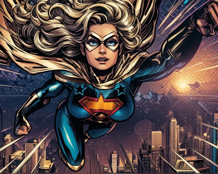 comic book style, female superhero flying over city with many tall buildings