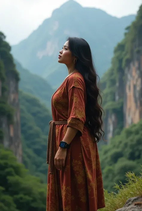 a beautiful woman Indonesia has long hair, fat, ,Daster wears a digital watch on her right hand, standing Leaning on a cliff at the top of a mountain.. looks natural