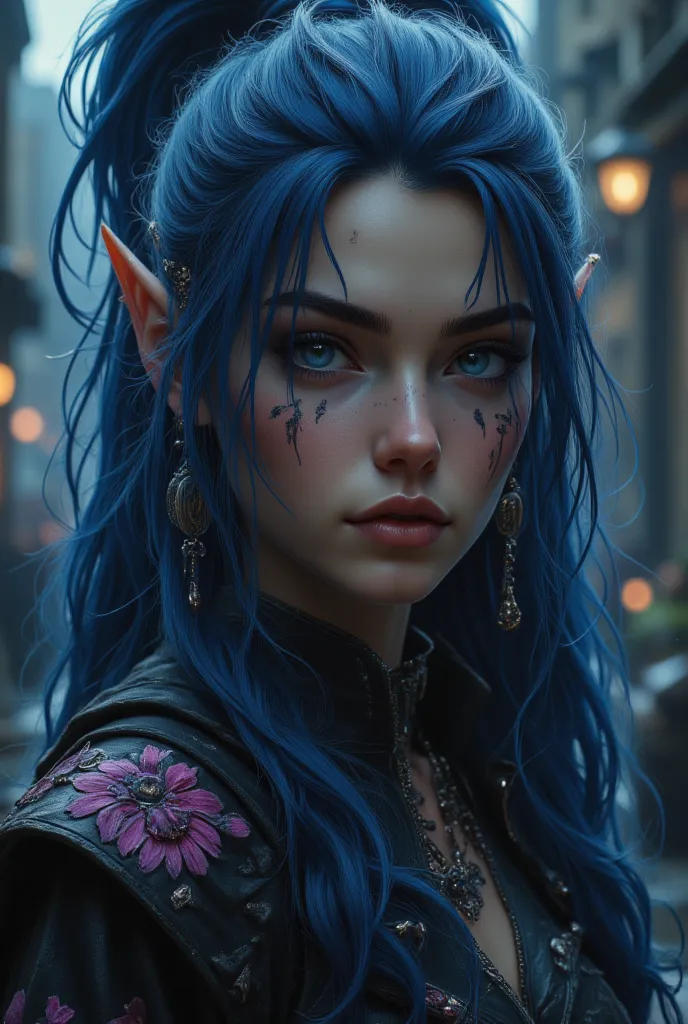 mid-journey-v6 style featuring a close-up portrait of a fierce and ethereal elf woman with a rebellious attitude. she has striki...