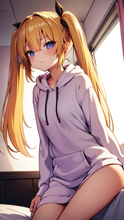 a small-breasted girl relaxing in her room completely naked and wearing a baggy hoodie、blonde、 twin tails、prone、looking away、che...