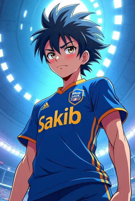 Give me a image of isaki with blue lock jersy this name in his jersy the name is sakib anime character name is nagi in blue lock 
