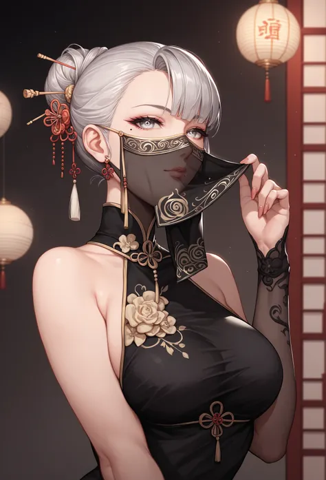 mixed_artwork style, (detailed eyes), (Mature woman), beautiful woman, medium breasts, black tied hair back, Side bangs, (black white oriental dress), (mouth veil), silver eyes, mole under eye, huge body, pretty nails, full view