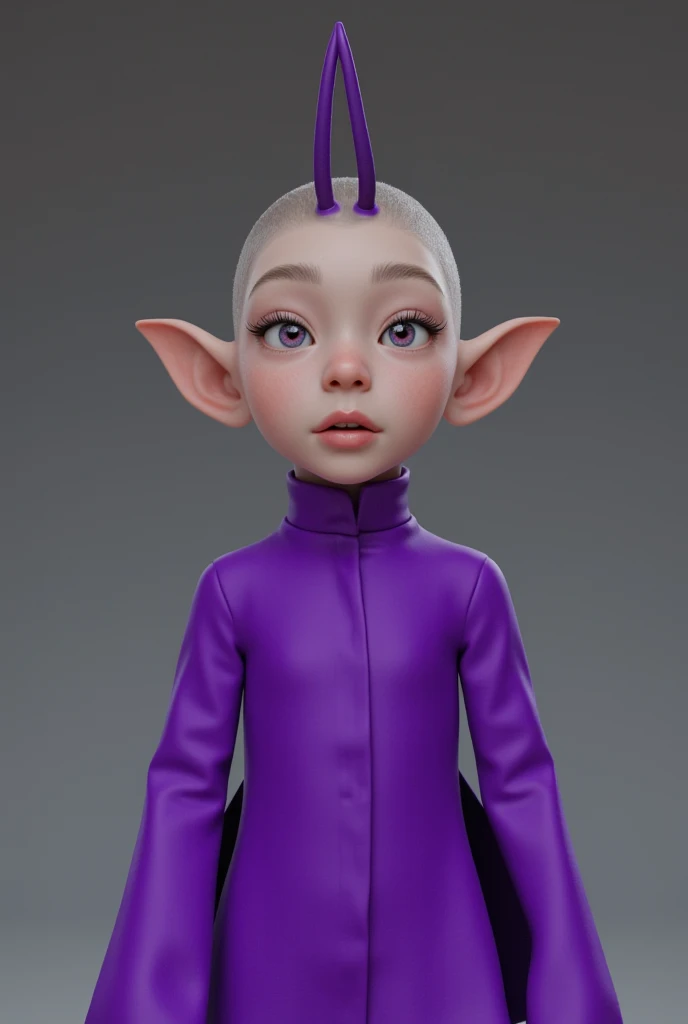 a fair skin boy with purple color outfit, with goblin like ears and purple straight antennae on head, front view