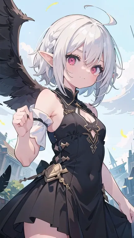 masterpiece, background through, (( upper body))　girl 　clear　1gboy, (white hair:1.2), (black inner hair:1.3), short hair, ahoge, red eyes,  tie your hair into a braid (flat chest:1.3), abs, white battle dress, long dress,tight mini skirt, gold decoration d...