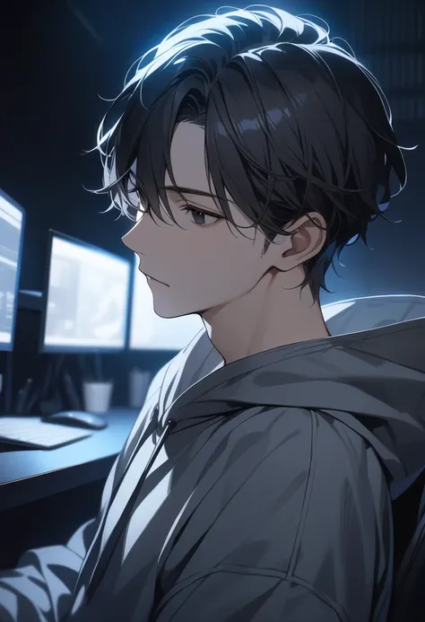 (Masterpiece, high resolution, best quality), solo, 1 male, 20-years old man, handsome, short black hair, black eyes, grey hoodie, upper body, looking at the monitor in a dark room