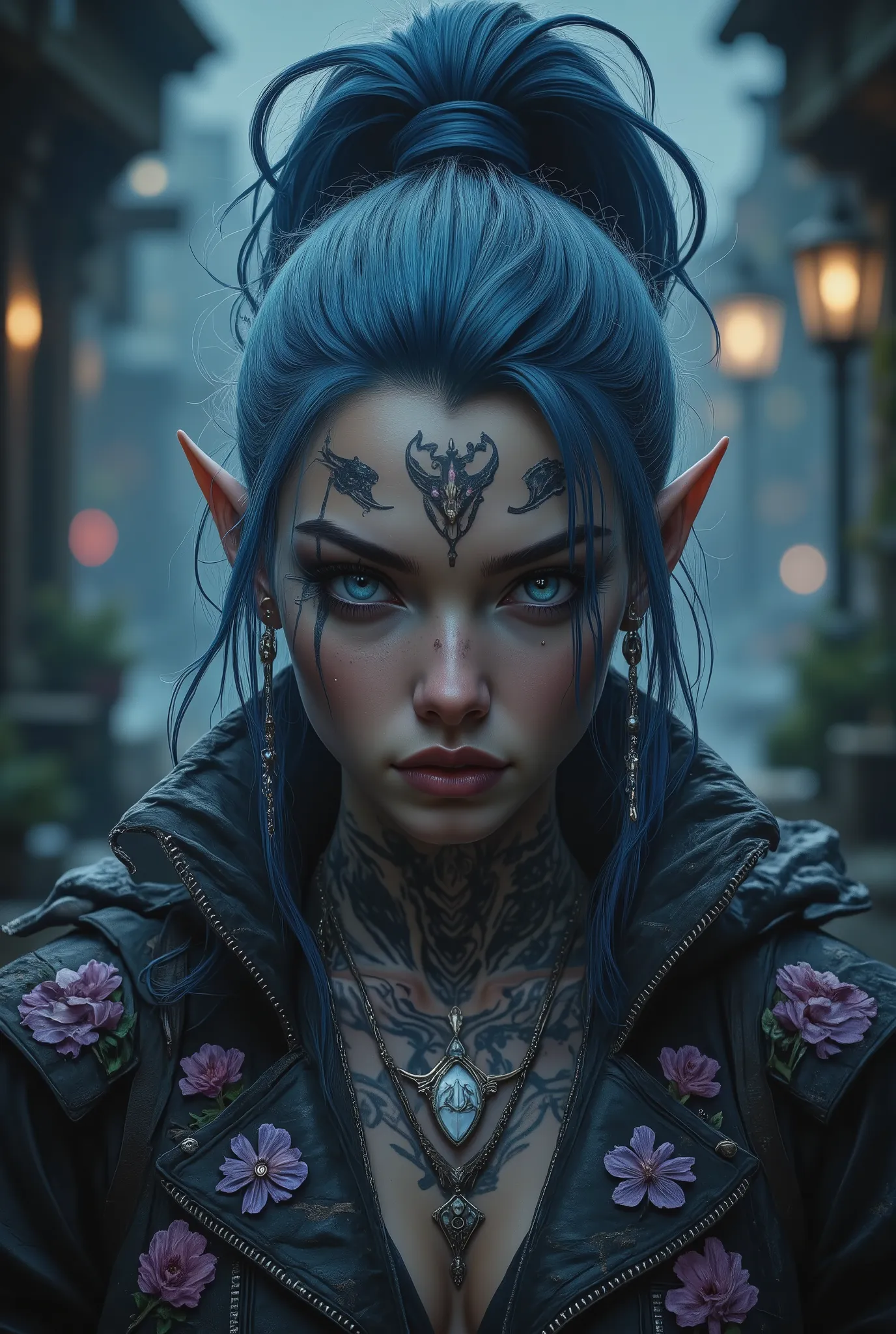 mid-journey-v6 style featuring a close-up portrait of a fierce and ethereal elf woman with a rebellious attitude. she has striki...