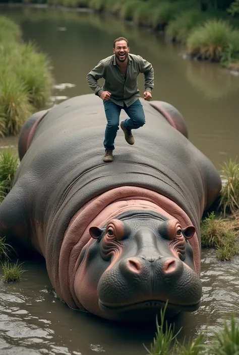 Hippopotamus laying upsidedown with its belly up while a man is bouncing on its exposed belly