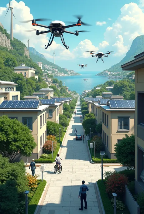 Future city full of trees  .  There are drones transporting goods and food  .   Only electric cars and bicycles on the road .  On top of buildings with solar panels and windmills. Drones are booking small container boxes .  On the slope of the house there ...