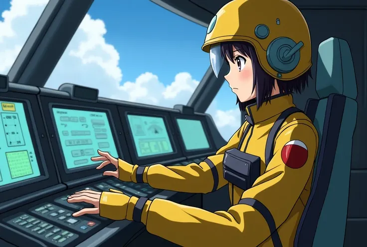 Create a scene inside the cockpit of a combining robot, with a single  girl seated in the pilot seat, controlling the robot. The girl wears a yellow sentai hero-style pilot suit and a helmet. She has a serious expression, fully focused on piloting the robo...