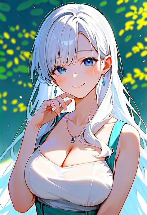 (masterpiece, highest_quality), wonderful_Are you okay_figure, BREAK 1girl, (long white hair:1.5), big breasts, (shy smile), blue eyes, anime style 4k, beautiful anime portrait, anime moe art style, anime art wallpaper 4k, High quality anime art style, ani...