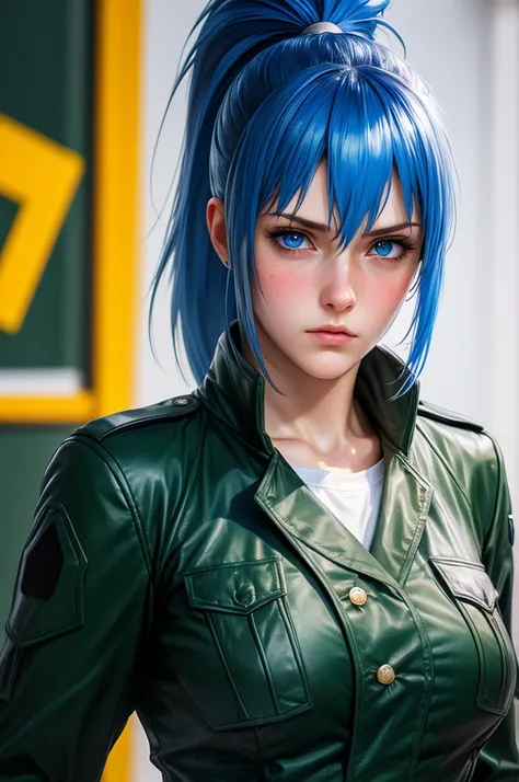 (Best image quality, highest quality, Highest Resolution, Ultra-Realistic Images, Very detailed, masterpiece, 8k), One Woman, ponytail BLUE hair, BLUE eyes, Green military uniform, Leather gloves, big Breasts, blush, serious look, Browsing Caution, half bo...