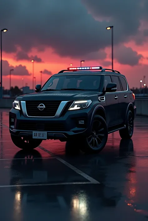  A black Nissan Patrol 2022 car with black glass parked in the parking lot and the beacon lights on top of the car, one of the lights should be on and the other off, and the weather should be cloudy in the evening, and the sky should be red lights.