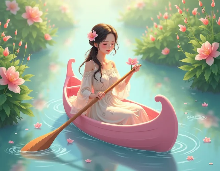 woman in a pink canoe with a flowery dress and a flower in her hand