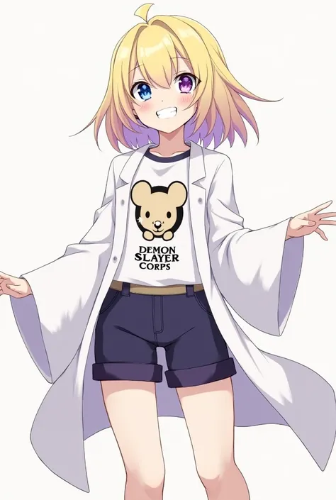 A girl with light yellow hair with light purple underneath, her right eye is blue and her left eye is purple, and she has two stars in her eyes. She wears a Demon Slayer Corps mouse shirt and shorts, and a white haori that is long. Carsem Demon Slayer  Its...