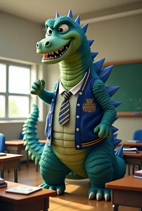 Create an animated Godzilla image wearing the Monsters University uniform in a classroom