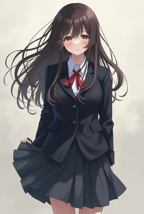 A girl with wavy hairstyles and wearing her school uniform also shes beautiful and mysterious full body