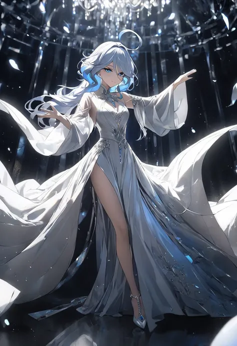 A woman in an elegant long gown, flowing fabrics, high slit, dramatic sleeves, white, blue, silver, shimmering embellishments, formal event, high quality, detailed, intricate, cinematic lighting, masterpiece, dynamic pose, furina (genshin impact), heteroch...