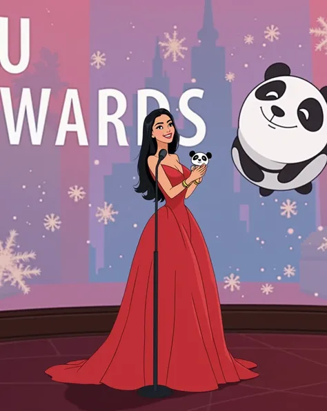 Woman 30 years, long black straight hair, wearing red v strap long taffeta ball gown dress with gold strap high heels sandals. 
Thanking on microphone and Holding award in the form of a small white and black panda 🐼, with pink and blue background screen th...