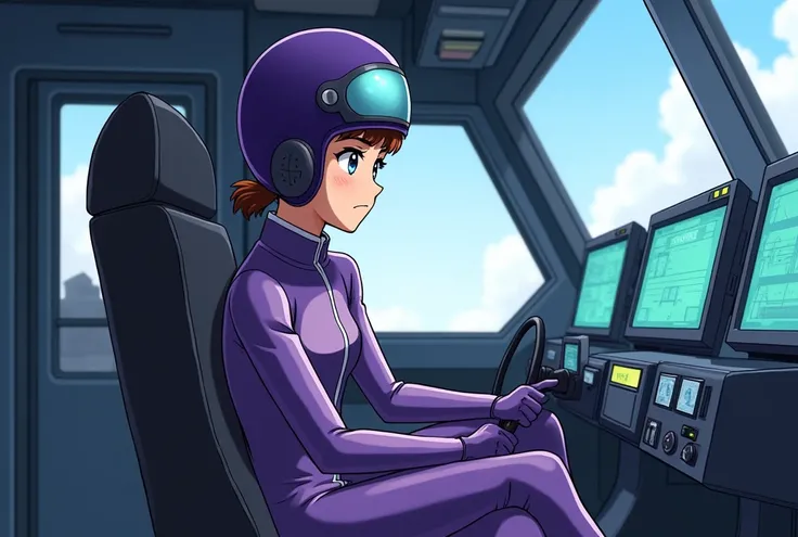 Create a scene inside the cockpit of a combining robot, with a single 19-year-old girl seated in the pilot seat, controlling the robot. The girl wears a purple sentai hero-style pilot suit and a helmet. She has a serious yet confident expression, fully foc...