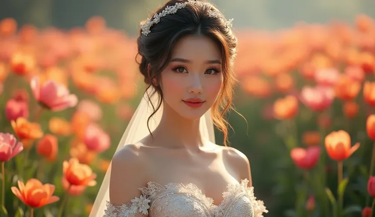 beautiful asian woman, portrait of a beautiful and seductive asian woman, bridal dress, beautiful wedding dress, beautiful and sexy, in field of flowers, large boobs, cleavage, push up bra, brown wavy hair in a bun, seductive pose, full body, ornate and de...